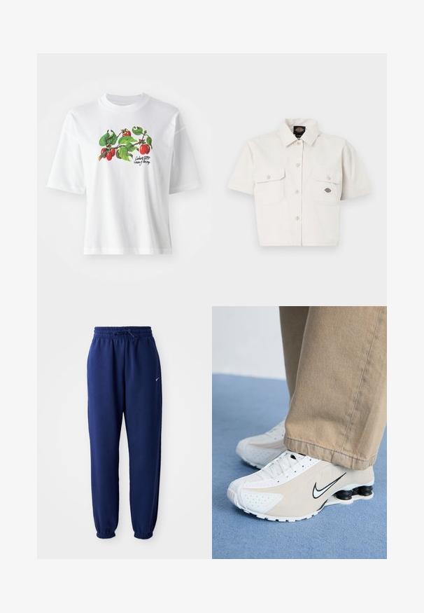 Bela bomba majica s kratkimi rokavi, v sredini pa ima barvno zasnovo sadja in listov. Besedilo pravi "Carhartt WIP Cream of the crop."; Bela kratka majica s kratkimi rokavi iz bombaža, s dvema žepoma na prsih, gumbom na sprednji strani in logotipom na levem žepu.; Temno modri trenirka hlače iz mehkega blaga, z elastičnim pasom in vrvico, elastičnimi manšeti ter majhnim belim logotipom.; Bele in bež Nike superge s perforiranim dizajnom, črnim swoosh logotipom, teksturiranim zgornjim delom in značilnim pomičnim črnim petnikom.