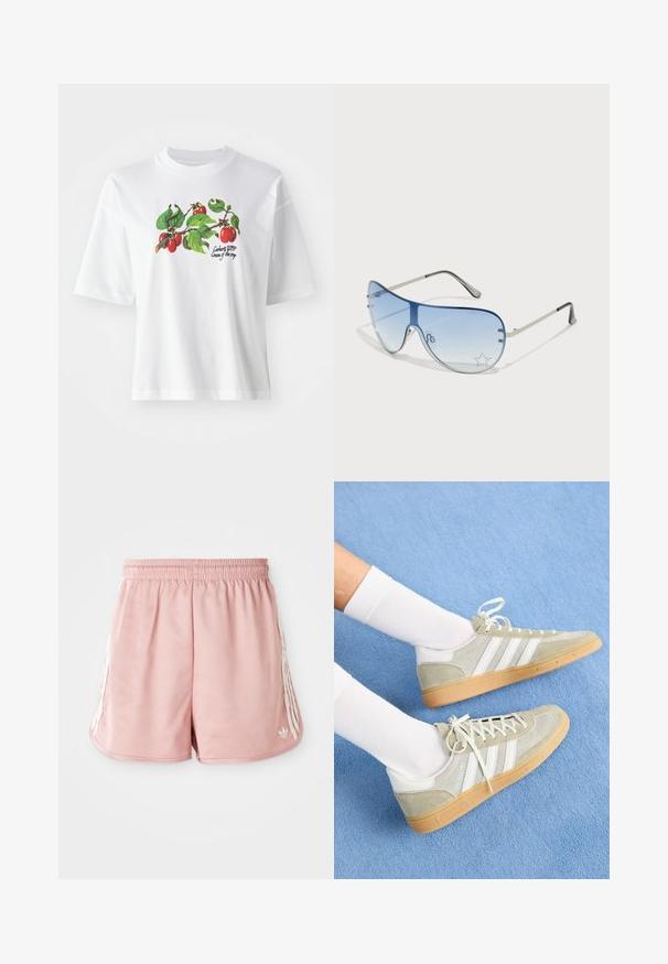 Witte katoenen t-shirt met korte mouwen, met een kleurrijk fruit- en bladerenontwerp in het midden. De tekst luidt "Carhartt WIP Cream of the crop."; Roze sport shorts met een elastische tailleband, witte zijstreepdetails en een klein logo aan de onderkant van de linkervoorzijde. Glad textuur van de stof.; Lichtgrijze suède sneakers met witte rubberaccenten, featuring drie witte strepen en een gumsole, gedragen met witte sokken op een blauwe achtergrond.; Aviator zonnebril met een gradient blauwe lens, zilveren metalen frame en decoratieve sterrenaccenten op de lens. Glad en strak ontwerp.