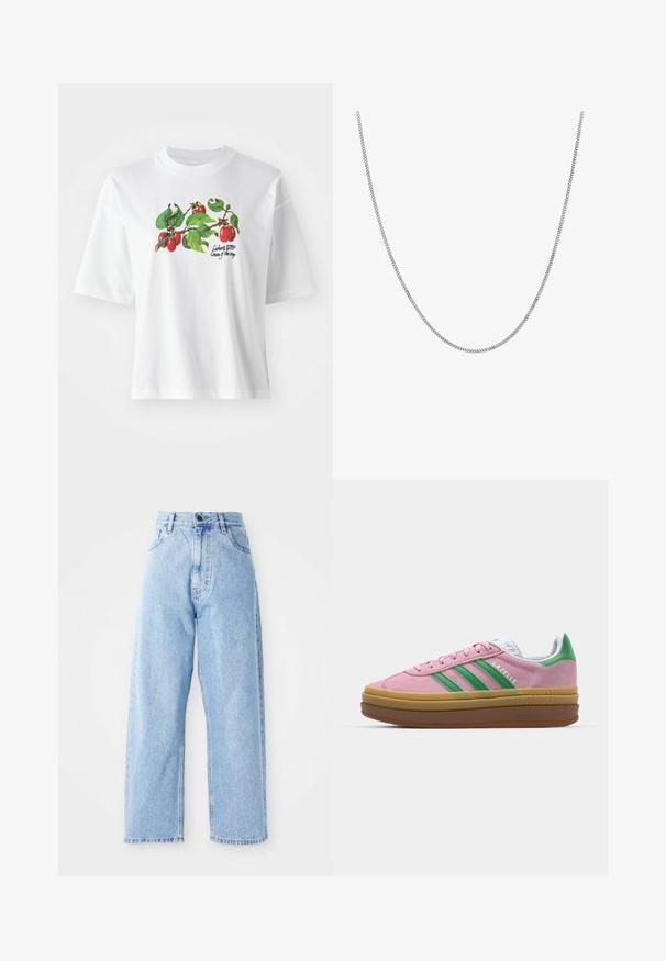 Fehér pamut póló rövid ujjal, középen színes gyümölcs és levél mintával. A felirat: "Carhartt WIP Cream of the crop."; Magas derekú világoskék farmernadrág egyenes széles lábakkal, elülső gombbal, cipzáros záródással, valamint elülső és hátsó zsebekkel.; Rózsaszín zamákból készült sportcipő zöld csíkokkal, fehér díszítéssel és barna gumi talppal. Texturált anyaggal és logóval ellátott részletekkel az oldalon.; Ez egy ezüst lánc nyaklánc, sima, kerek, lapos láncszemekkel. Csillogó felülettel rendelkezik és hozzávetőlegesen 20 hüvelyk hosszú.