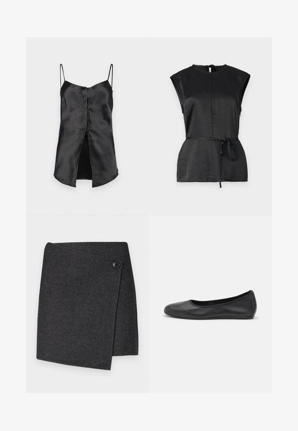 Sort satin camisole med tynde stropper, med en knaplukning foran og en splittet kant for ekstra detaljer. Glat tekstur og minimalistisk design.; Sort ærmeløs top med høj halsudskæring, struktureret stof, en bindebælte i taljen og en nøglehulldetalje i ryggen.; Mørkegrå indpakningsnederdel lavet af tekstureret stof, med knaplukning på venstre side og en asymmetrisk kant.; Sort læderballetsko med rund tå, glat tekstur, minimal syning og et fleksibelt såldesign.