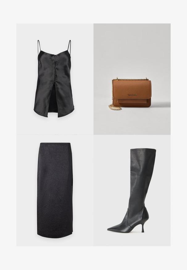 Čierna saténová cami s tenkými ramienkami, so zapínaním na gombíky vpredu a rozdeleným lemom pre dodatočný detail. Hladká textúra a minimalistický dizajn.; Čierna midi sukňa s vrúbkovanou textúrou, rovný strih a bočný rozparok. Materiál vyzerá ľahký. Spodný okraj je mierne zakrivený.; Čierne kožené čižmy do výšky kolien s špicatou špičkou a úzkym stiletto podpätkom. Hladká textúra s priliehavým dizajnom a prešitím na vrchnom okraji.; Hnedá textúrovaná kožená taška cez telo s zlatým reťazovým popruhom a preklopným uzáverom. Predná strana obsahuje detail s logom a vrecko pod preklopkou.
