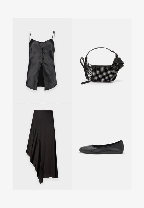 Svart satin camisole med tunna band, med en knäppt front och en slitskant för extra detalj. Slät textur och minimalistisk design.; AERON ASTER SKIRT - Pennkjol - black; Svart läderballerinaskor med rund tå, slät yta, minimala söm detaljer och en flexibel sula.; Svart handväska med nitar, kedjesnodd och slät läderhandtag, med rundad form och en dragkedjefack.