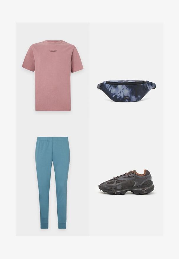 Short-sleeve t-shirt in dusty rose, made of soft cotton. Features a crew neck and a small black logo at the back. Simple design.; Light blue sweatpants made of soft fabric, featuring a tapered design, elastic waistband, and cuffed hems. Small logo on the side.; Lacoste sneakers in dark gray with mesh and synthetic material, featuring a textured sole and brown accents on the collar and branding.; Fanny pack in dark blue tie-dye print with a zippered top, textured material, and a prominent logo detail on the front.