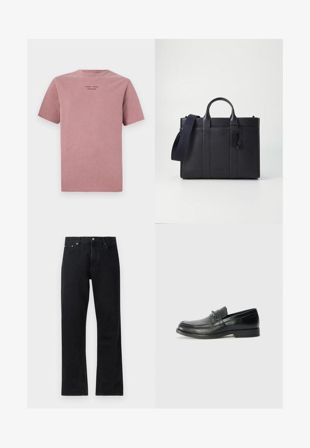 T-shirt a maniche corte in rosa polveroso, realizzato in cotone morbido. Presenta un collo rotondo e un piccolo logo nero sul retro. Design semplice.; Jeans in denim nero con un design a gamba dritta, caratterizzati da una chiusura con bottone, stile a cinque tasche e dettagli di cucitura sottili.; Mocassini in pelle nera con punta arrotondata, caratterizzati da un design cucito, una piccola fascetta frontale con dettagli in metallo e una suola piatta in gomma.; Cartella in pelle blu scuro con doppio manico superiore e tracolla removibile. Presenta una finitura texturizzata, cuciture verticali e dettaglio del logo.