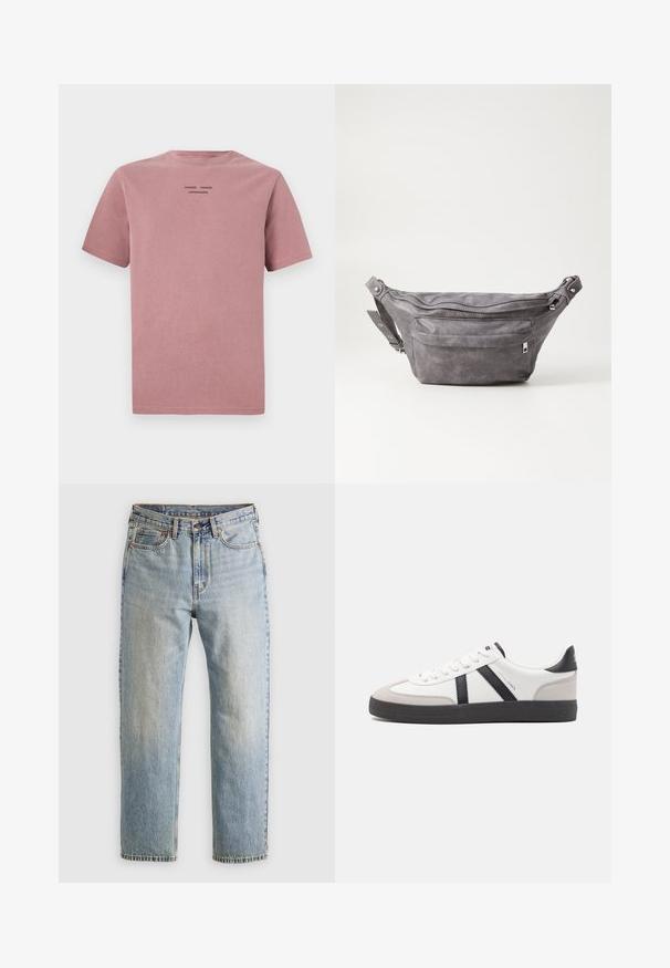T-Shirt mit kurzen Ärmeln in staubigem Rosé, aus weicher Baumwolle. Mit Rundhalsausschnitt und kleinem schwarzem Logo auf der Rückseite. Einfaches Design.; Helle blaue Jeans mit hoher Taille, Frontknopf, Reißverschluss und fünf Taschen-Design, flach auf einem neutralen Hintergrund ausgelegt.; Weiße Sneaker mit schwarz- und grau-aczenten, ausgestattet mit einer strukturierten grauen Zehenkappe, schwarzer Gummi-Sohle und flachen weißen Schnürsenkeln. Sauberes Design, minimalistische Stil.; Graue Wildleder-Gürteltasche mit runder Form, zwei mit Reißverschluss verschlossenen Fächern und verstellbarem Trageriemen. Mit metallischen Hardware-Akzenten.