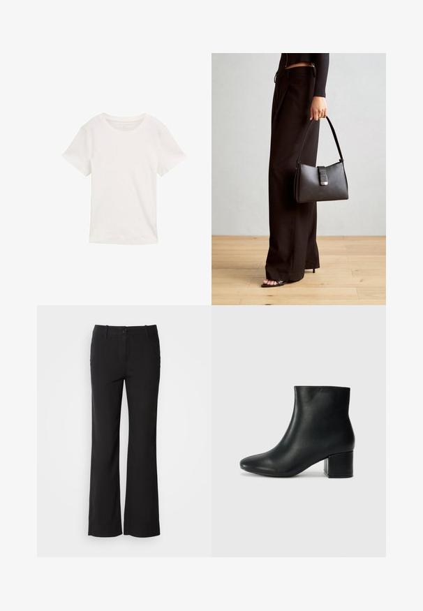 Tricou alb cu mânecă scurtă, fabricat din bumbac. Prezintă un gât rotund și o textură netedă, destinat pentru ținute casual.; Pantaloni negri dintr-un amestec de bumbac, cu un design drept, închidere frontală cu buton și două buzunare laterale. Textură netedă, fără modele vizibile.; Cizme negre din piele până la gleznă, cu vârf ascuțit și toc robust. Textură netedă, cu accente minime și un design elegant, ajustat.; Genți negre cu o formă structurată, textură netedă și un închizător metalic. Asortată cu pantaloni negri largi și sandale cu vârf deschis pe un podea din lemn.
