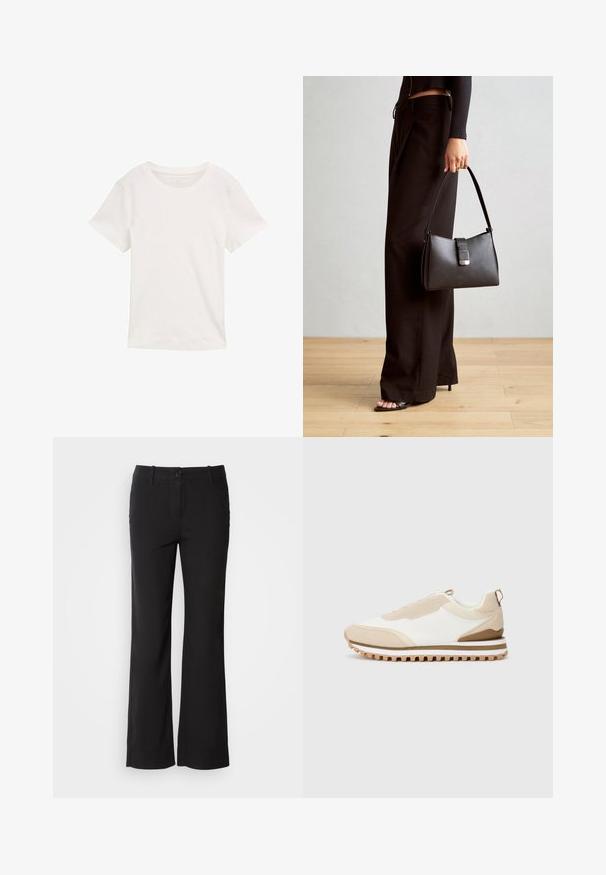 Valge lühikeste varrukatega t-särk, mis on valmistatud puuvillast. Sellel on ümmargune kaelus ja sile tekstuur, mis on mõeldud igapäevaseks kandmiseks.; Mustad puuvillasegu püksid sirge lõikega, ees nupuga kinnitamine ja kaks külge taskut. Sile tekstuur, nähtavaid mustreid ei ole.; Beige ja valge madala lõikega tennisekets, millel on tekstuuriga tallad ja tõmbeaas kandmisel, eksponeeritud lihtsal heledal taustal, külgvaade.; Must musta kott, millel on struktureeritud kuju, sile tekstuur ja metallist klamber. Kombineeritud laiate mustade pükstega ja avatud varvaste sandaalidega puidust põrandal.