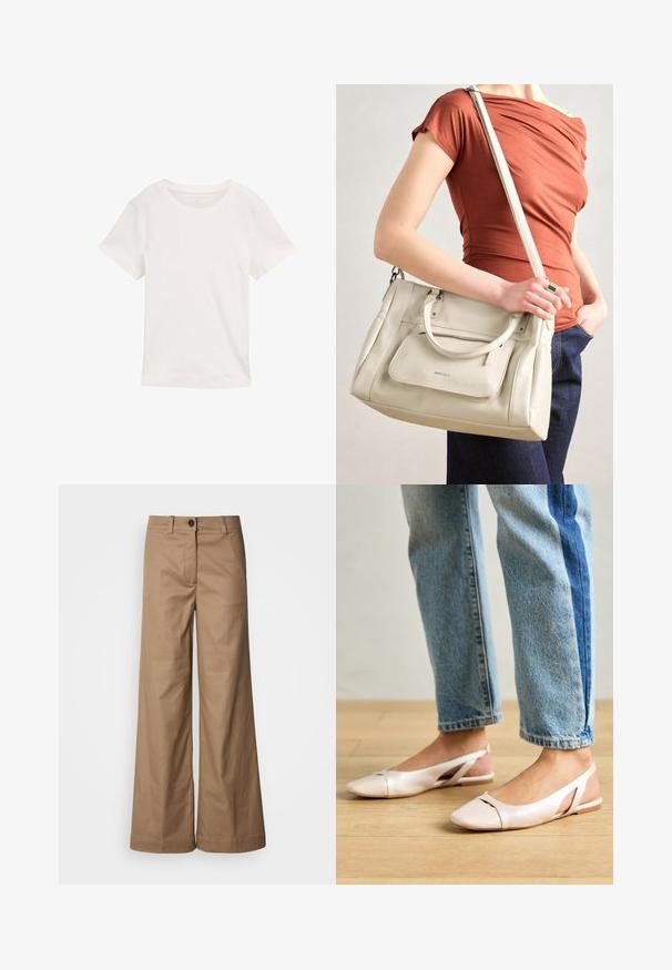 Bijela kratkodlaka majica od pamuka. Ima okrugli izrez i glatku teksturu, dizajnirana za svakodnevno nošenje.; Hlače širokih nogavica od glatkog, bež materijala. Imaju prednje dugme zatvaranje, petlje za remen i bočne džepove. Čiste linije bez vidljivih uzoraka.; Svijetlo ružičaste slingback balerinke s šiljastim vrhom, izrađene od glatkog materijala nalik koži. Sadrže izrezane detalje sa strane i ravnu petu.; Bijela kožna torba s dvije ručke i odvojivim remenom, s prednjim zatvornim džepom i glatkom teksturom. Drži se na ruci osobe.