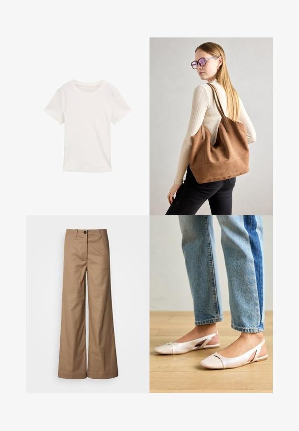 Witte korte mouwen T-shirt van katoen. Heeft een ronde hals en een gladde textuur, ontworpen voor casual gebruik.; Wijde broek gemaakt van een gladde, tan stof. Voorzien van een sluiting met knoop aan de voorkant, riemlussen en zijzakken. Strakke lijnen zonder zichtbare patronen.; Zachtroze slingback ballerina's met een spitse neus, gemaakt van een glad leerachtig materiaal. Bevat uitsnijdingen aan de zijkanten en heeft een platte hak.; Bruine suède totebag met zachte textuur, grote opening en lange hengsels. Het heeft een eenvoudig ontwerp met zichtbare stiksels en geen hardware.