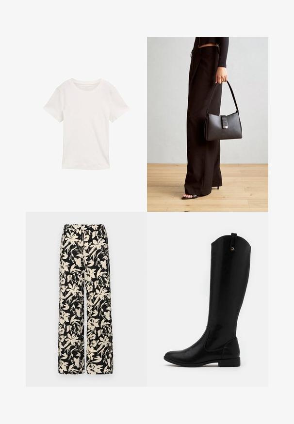Camiseta blanca de manga corta hecha de algodón. Cuenta con un cuello redondo y una textura suave, diseñada para el uso informal.; Pantalones de pierna ancha negros con un patrón floral crema. Fabricados en un tejido ligero, con una textura suave y una cintura alta.; Botas negras hasta la rodilla fabricadas en material sintético suave, con punta redondeada, tacón bajo tipo bloque, y una pestaña en la parte superior para facilitar el uso.; Bolso negro con forma estructurada, textura suave y un cierre metálico. Combinado con pantalones anchos negros y sandalias de dedo en un suelo de madera.
