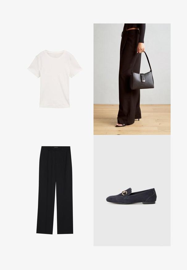 Fehér rövid ujjú póló, pamutból készült. Kerek nyakkivágással és sima textúrával rendelkezik, alkalmi viseletre tervezve.; Fekete nadrág egyenes szárú kialakítással, két első zsebbel és derékrésszel. Simának és könnyű anyagból készült.; Sötétkék velúr mokaszin, lekerekített orral, díszített fém lánc akcentussal és alacsony sarokkal, kontrasztos varrási részletekkel.; Fekete kézi táska strukturált formával, sima textúrával és fémből készült záródással. Széles fekete nadrággal és nyitott orrú szandállal párosítva, fából készült padlón.