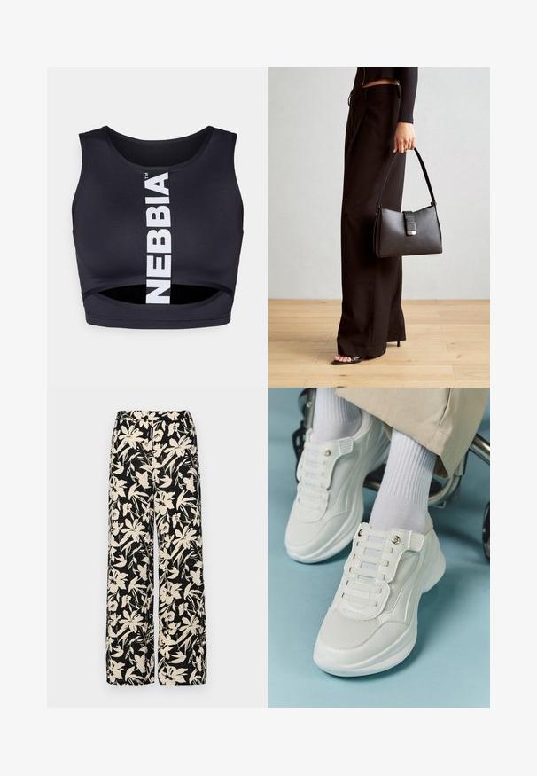 Melnā sporta krūšturis ar priekšējo izgriezumu, ar baltu vertikālu logotipa joslu. Izgatavots no elastīga auduma, radīts komfortam un atbalstam.; Melni platie bikses ar krēmkrāsas ziedu rakstu. Izgatavotas no viegla auduma, kuram ir gluda tekstūra un augsta jostasvietas daļa.; Baltie sporta apavi ar sietu materiālu, gumijas zoli, bez šņoru dizainu ar elastīgām beigām un zeltainiem akcentiem.; Melnā somiņa ar strukturētu formu, gludu tekstūru un metālu sprādzi. Saskaņota ar platām melnām biksēm un sandālēm ar atvērtu purngalu uz koka grīdas.