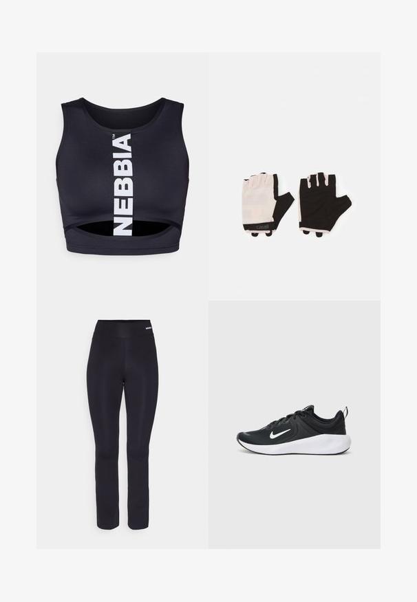 Crna sportska brusnica s prednjim izrezom, koja ima bijelu vertikalnu traku s logom. Izrađena od rastezljivog materijala, dizajnirana za udobnost i potporu.; Crne sportske hlače s glatkom teksturom, širokim elastičnim pojasom i prilagođenim dizajnom, koji se blago sužava prema gležnju.; Crna atletika cipela s gornjim dijelom od prozračnog materijala, bijelim Swoosh logom, glatkim bijelim međuslojem i teksturiranim crnim đonom.; Fitness rukavice s dizajnom u svijetlo ružičastoj i crnoj boji, izrađene od prozračnog materijala, sa podesivim zapešćem i teksturiranim naglascima za bolje prianjanje.