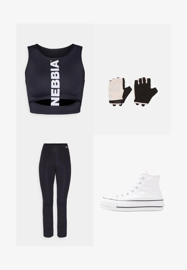Sutiã desportivo preto com recorte frontal, apresentando uma faixa de logótipo vertical branca. Feito de tecido elástico, projetado para conforto e apoio.; Calças de desporto pretas com uma textura suave, cintura elástica larga e um design ajustado, afinando ligeiramente em direção ao tornozelo.; Sapatilha alta de tela branca com sola de borracha preta, bico de borracha na frente e seis ilhós para os atacadores, apresentando um design limpo e minimalista.; Luvas de fitness com um design em rosa claro e preto, feitas de material respirável, apresentando uma tira ajustável para o pulso e detalhes de aderência texturizados.