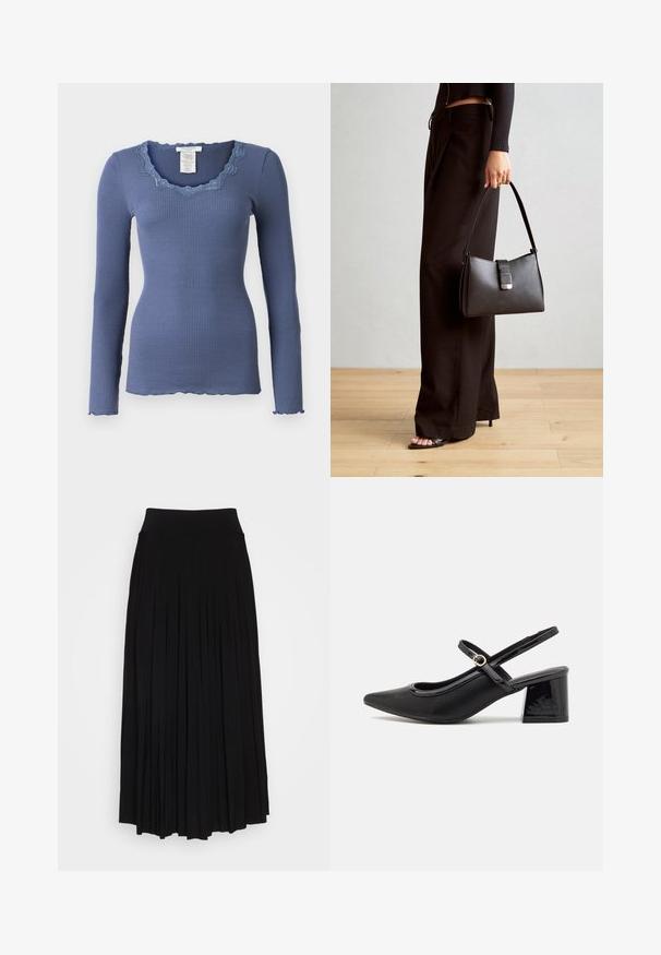Rosemunde BABETTE U NECK - Langarmshirt - true navy; Schwarzer plissierter Rock mit breitem, dehnbarem Bund. Gefertigt aus weichem Stoff, mit vertikalen Falten für eine fließende Silhouette.; Schwarze Lackleder-Slingback-Absätze mit spitzer Zehenform, einem runden Ausschnitt-Design und einem Blockabsatz. Mit einem goldfarbenen Schnallenakzent.; Schwarze Handtasche mit strukturierter Form, glatter Textur und einem metallischen Verschluss. Kombiniert mit weiten schwarzen Hosen und offenen Sandalen auf einem Holzboden.