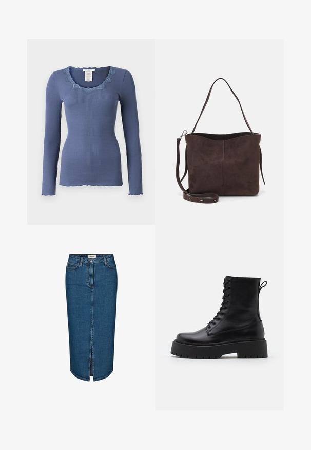 Rosemunde BABETTE U NECK - Langarmshirt - true navy; Dunkelblauer Denim-Bleistiftrock mit einem Schlitz vorne, fünf Taschen und kontrastierenden Nähten. Mittlere Taillenhöhe mit klassischem Design.; Schwarze Lederstiefeletten mit runder Zehenpartie, Schnürung vorne und einer dicken Gummisohle mit strukturiertem Profil. Mit Zugschlaufe an der Rückseite.; Braune Wildleder-Tasche mit weicher Textur, ausgestattet mit einem einzelnen Schulterriemen und einer dezenten, gewölbten Öffnung an der Oberseite. Keine sichtbaren Beschläge.