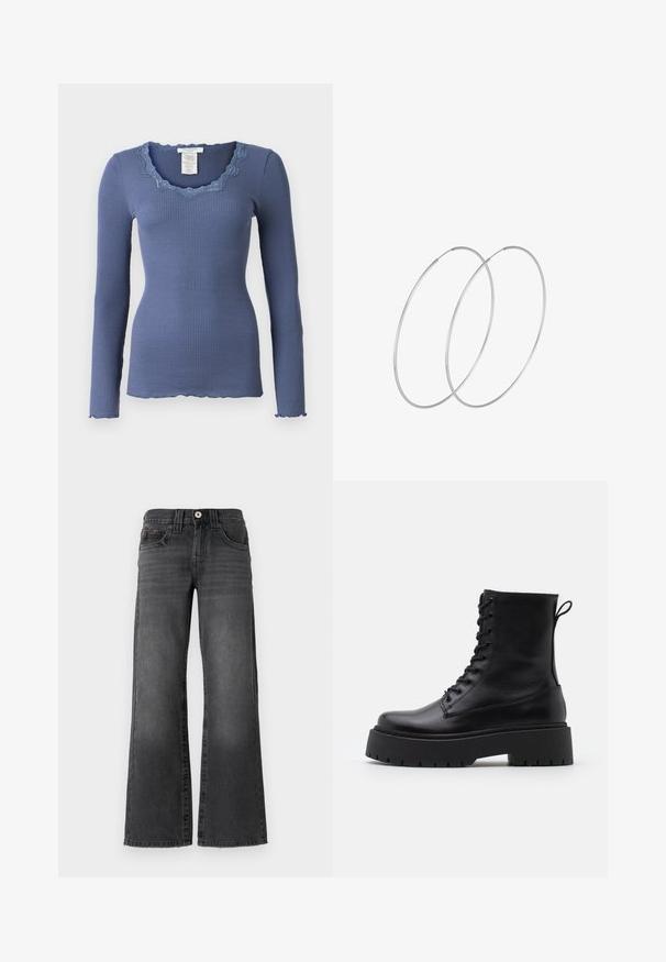 Rosemunde BABETTE U NECK - Top s dlouhým rukávem - true navy; Široké džínsy z tmavě šedého denimu. Obsahují pět kapes, zapínání na knoflík a jemné vyblednutí na látce. Klasické švy dodávají akcent.; Černé kožené kotníkové boty s kulatou špičkou, šněrováním na přední straně a silnou gumovou podešví s texturovaným vzorkem. S poutkem vzadu.; Stříbrné kruhové náušnice s minimalistickým designem. Kruh, hladký povrch a tenký profil. Lehká konstrukce s lesklým povrchem.