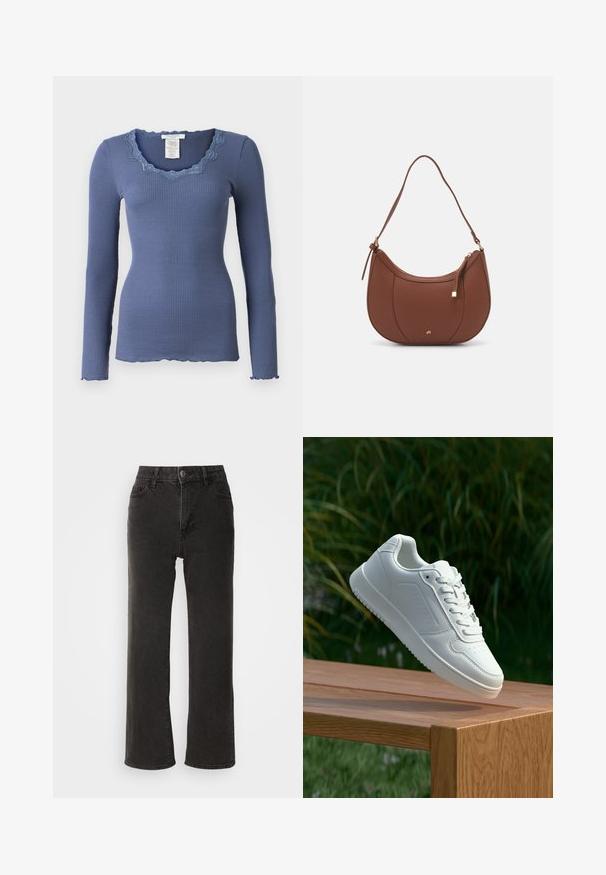 Rosemunde BABETTE U NECK - Long sleeved top - true navy; Black wide-leg jeans made of denim, featuring a front button closure, belt loops, and five pockets with a slightly faded texture.; White sneaker with a smooth synthetic upper, perforated toe box, flat laces, and a textured sole, displayed on a wooden surface.; Brown faux leather shoulder bag with curved shape, minimal stitching, and a gold-tone hardware accent. Features a top zipper closure and adjustable strap.
