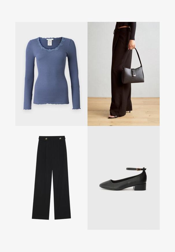 Rosemunde BABETTE U NECK - Long sleeved top - true navy; Black wide-leg trousers with high waist, button details on waistband, and front pleats.; Black leather pump with a pointed toe and a low block heel. Features an ankle strap with a gold-tone buckle. Smooth texture.; Black handbag with structured shape, smooth texture, and a metallic clasp. Paired with wide black pants and open-toe sandals on wooden floor.