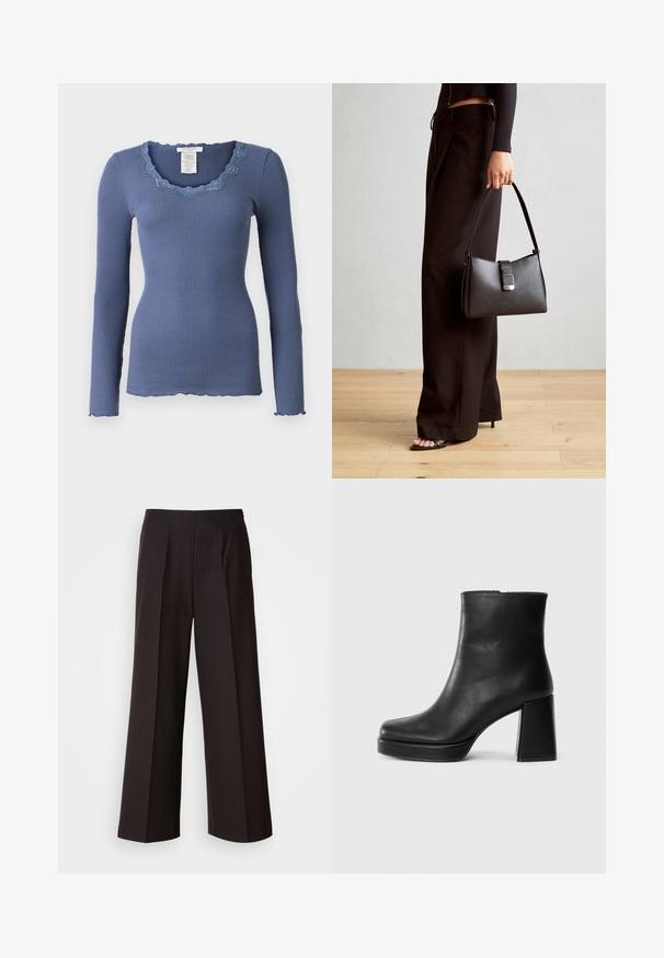 Rosemunde BABETTE U NECK - Pikkade varrukatega topp - true navy; Mustad laiade jalgadega püksid, millel on lame eesmine osa, voltide ja sileda kangast tekstuur. Omab kõrget taljet ja kohandatud lõiget struktureeritud sobivuse tagamiseks.; Must musta ankle boot, milleplokk-konts ja platvormi tallaga, vaadatud küljelt ühetoonilise valge tausta peal.; Must musta kott, millel on struktureeritud kuju, sile tekstuur ja metallist klamber. Kombineeritud laiate mustade pükstega ja avatud varvaste sandaalidega puidust põrandal.