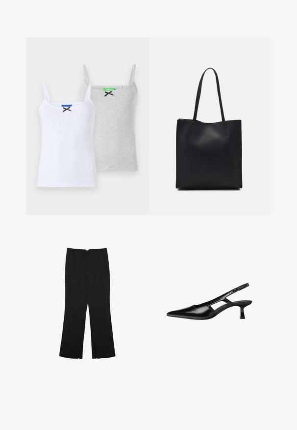 Dve rebrové tielka: jedno biele s čiernou mašľou a jedno šedé s čiernou mašľou, obe s tenkými nastaviteľnými ramienkami.; Čierne nohavice so strihom rovného strihu, s prednými vreckami a bočnými rozparkami na leme. Vyrobené z mäkkej, hladkej tkaniny. Vhodné na rôzne príležitosti.; Čierne lakované kožené lodičky na podpätku s špicatou špičkou, výrezovým dizajnom na boku a malým štvorcovým podpätkom. Hladký povrch s minimálnymi akcentmi.; Čierna kožená taška na rameno s hladkým povrchom, obdĺžnikovým tvarom a dvoma dlhými uchami. Bez viditeľného kovania alebo ozdôb.