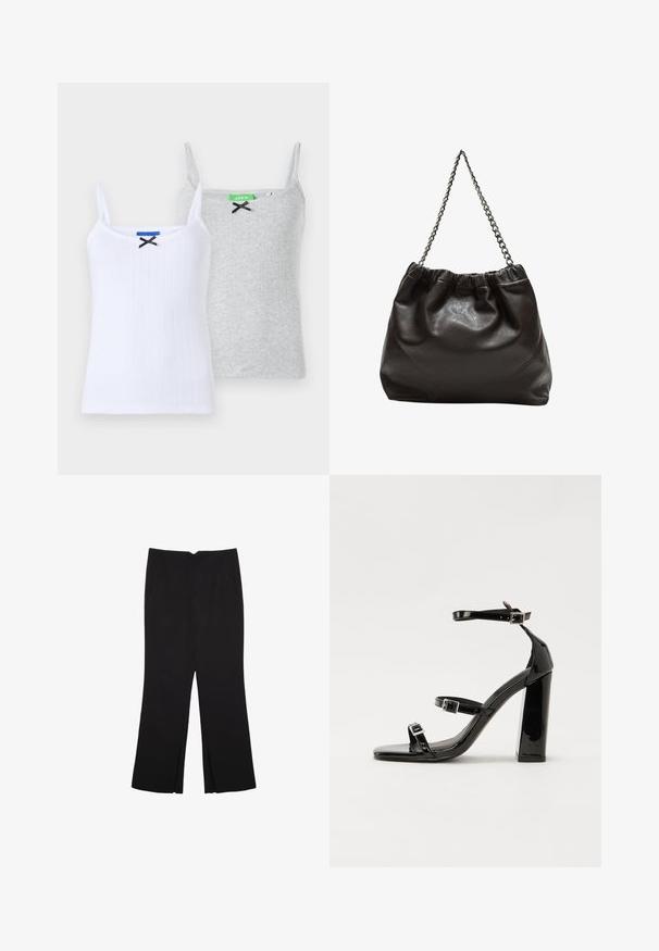 Två räfflade linnen: ett vitt med en svart rosett som detalj och ett grått med en svart rosett, båda med tunna justerbara axelband.; Svarta byxor med rak passform, utrustade med framfickor och sidoklyvningar vid fållen. Tillverkade av mjukt, slätt tyg. Lämpliga för olika tillfällen.; Svarta lackerade klacksandaler med fyrkantig tå, ankelremmar och silverfärgade spännen. Har en kraftig blockklack för stabilitet.; Brun läderväska med rynkad topp och kedjesnodd. Slät textur med en blankslipad yta och subtila sömdetaljer på sidorna.