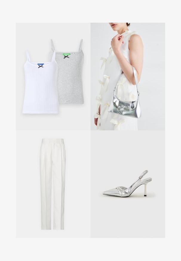 Kaks ribikaga kampsunit: üks valge musta paela aktsendiga ja üks hall musta paela aktsendiga, mõlemad õhukeste reguleeritavate rihmadega.; Valged triibulised püksid, sirgete jalgade disainiga, valmistatud kergest kangast. Ees on voldid ja traditsiooniline talje.; Hõbedased slingback kõrged kontsad terava ninaga, metalne viimistlus, kaks dekoratiivset rihma ja sihvakad kontsad musta otsaga.; Hõbedane metallik käekott struktureeritud kujuga, millel on ülemine sang ja ettepoole suunatud paeladetail. Sile tekstuur, peegeldav viimistlus.