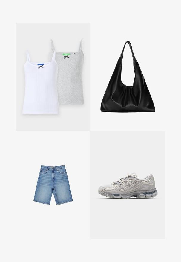 Dve rebraste majice: ena bela z črnim poudarkom v obliki pentlje in ena siva s črno pentljo, obe z tankimi nastavljivimi naramnicami.; Denimske kratke hlače svetlo modre barve, s klasičnim pet-pocket dizajnom, zadrgo na sprednji strani in rahlim zbledanjem. Ravno krojene s obrobljenimi robovi.; Sive atletske čevlje z mrežastim zgornjim delom in sintetičnimi dodatki, ki imajo oblazinjen podplat in teksturirane akcentne detajle ob straneh.; Črna usnjena hobo torba z mehko, ukrivljeno obliko. Ima širok zgornji ročaj in gube na dnu, kar daje torbi udoben izgled.