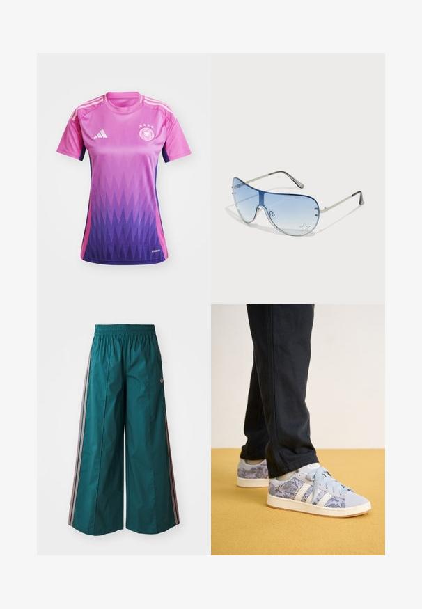 Maglietta da calcio in gradiente rosa e viola, maniche corte, colletto girocollo, con tre strisce bianche sulle spalle e un logo sul petto.; Pantaloni ampi color teal con vita elastica, caratterizzati da accenti a strisce rosa e bianche sui lati, realizzati in tessuto leggero.; Sneaker azzurri chiari con motivo a pitone, caratterizzati da strisce e lacci bianchi, posti su un pavimento giallo.; Occhiali da sole aviator con lenti blu sfumate, montatura in metallo argentato e decorazioni a forma di stella sulle lenti. Design liscio e sofisticato.