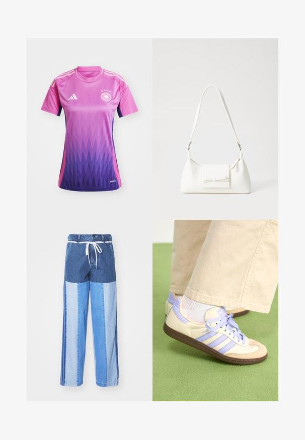 Futbalový dres v gradientu růžové a fialové barvy, krátké rukávy, kulatý výstřih, se třemi bílými pruhy na ramenou a logem na hrudi.; Modré džíny s patchworkovým vzorem v různých odstínech modré, šňůrkovým pasem a volnými, rovnými nohavicemi.; Krémové a levandulové tenisky se třemi pruhy a texturovanou hnědou podrážkou, vybavené tkaničkami a polstrovanou patou. Měkký textilní svršek.; Bílá syntetická kabelka v trojúhelníkovém tvaru, s plochým předním klopným víkem a detailem mašle, nastavitelným popruhem, hladkým povrchem a minimalistickým designem.