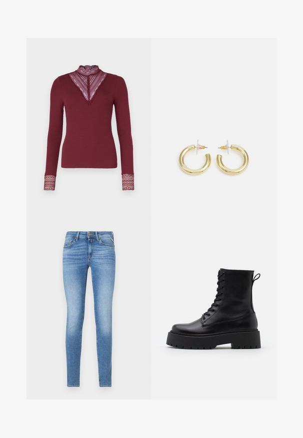 ONLY ONLTILDE HIGH NECK - Top dugih rukava - burgundy; Uske slim-fit svijetloplave teksas traperice s srednjim strukom, prednjim gumbom i dizajnom s pet džepova.; Crne kožne gležnjače s okruglim vrhom, vezanjem sprijeda i debelim gumenim potplatom s teksturiranim uzorkom. Tipa: traka za vuču na stražnjoj strani.; Zlatne kružne naušnice s glatkom, sjajnom završnom obradom. Kružni dizajn s malom potporom i prozirnom podlogom za sigurno nošenje.