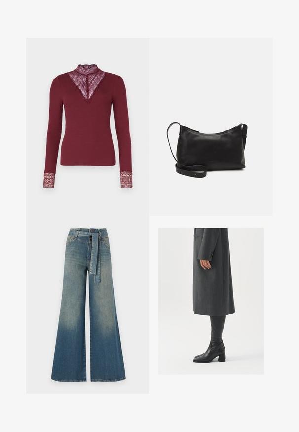 ONLY ONLTILDE HIGH NECK - Top s dlhým rukávom - burgundy; Džínsy s širokými nohavicami, ktoré majú prechod od svetlomodrej po tmavomodrú, vysoký pás, pútka na opasok a opasok z rovnakého materiálu. Textúrovaný denimový povrch.; Sivý, strihovo upravený kabát so rovnými líniami; doplnený o čierne kožené čižmy po kolená s štvorcovou špičkou a robustným podpätkom.; Čierna kožená ramenná taška s hladkou textúrou, zakriveným tvarom, nastaviteľným popruhom a zipsom. Minimalistický dizajn bez ozdôb.