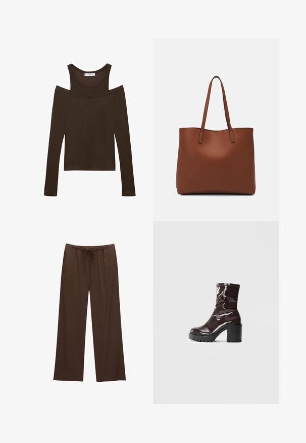 Hnědý dlouhý rukáv top s off-shoulder designem, vyrobený z měkké tkaniny, s kulatým výstřihem a přiléhavým střihem. Jednoduché švy.; Hnědé široké kalhoty vyrobené z měkkého materiálu, s elastickým pasem na šňůrku a dvěma bočními kapsami.; Lesklá bordó kotníková bota s masivním černým podpatkem, se hladkým povrchem a jednoduchým designem. Žádné viditelné zapínání ani vzory.; Hnědá kožená taška přes rameno s hladkou texturou, otevřeným designem a dvěma ramenními popruhy. Obsahuje minimální švy a žádné viditelné kovové prvky.