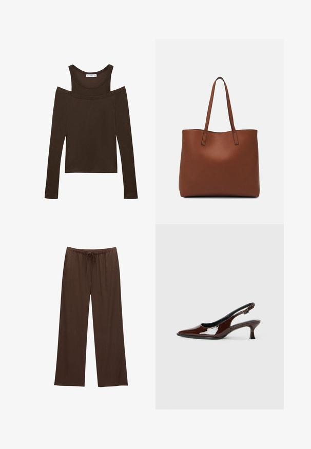 Brauner Langarm-Top mit schulterfreiem Design, aus weichem Stoff, mit einem Rundhalsausschnitt und einer taillierten Passform. Einfache Nahtdetails.; Braune weite Hosen aus weichem Stoff, mit einem elastischen Bund und Kordelzug sowie zwei Seitentaschen.; Braune Lackleder-Slingback-Schuhe mit spitzer Zehe und moderatem Absatz. Mit einem Schnallenriemen für einen sicheren Sitz. Glatte Textur.; Braune Leder-Tote mit glatter Textur, offenem Oberteil und zwei Schulterriemen. Verfügt über minimale Nähte und keine sichtbaren Beschläge.