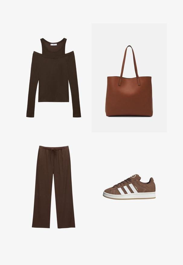Hnědý dlouhý rukáv top s off-shoulder designem, vyrobený z měkké tkaniny, s kulatým výstřihem a přiléhavým střihem. Jednoduché švy.; Hnědé široké kalhoty vyrobené z měkkého materiálu, s elastickým pasem na šňůrku a dvěma bočními kapsami.; Hnědé semišové tenisky s bílými koženými pruhy, gumovou podrážkou, kulatou špičkou a šněrováním vpředu. Mají logo na jazyku a perforované detaily.; Hnědá kožená taška přes rameno s hladkou texturou, otevřeným designem a dvěma ramenními popruhy. Obsahuje minimální švy a žádné viditelné kovové prvky.
