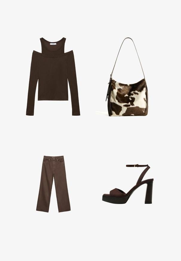 Brauner Langarm-Top mit schulterfreiem Design, aus weichem Stoff, mit einem Rundhalsausschnitt und einer taillierten Passform. Einfache Nahtdetails.; Weite braune Jeans aus Denim, mit hoher Taille, Fronttaschen und klassischem Knopfverschluss. Glatte Textur mit feinen Nähten.; Braune Wildleder-Pumps mit offenem Zeh, verstellbarem Knöchelriemen und gestreiftem Plateausohlen.; Braune und cremefarbene Kuhhaut-Umhängetasche mit einem glatten Ledertrageriemen, Reißverschluss und einer weichen, strukturierten Oberfläche mit einem natürlichen Muster.