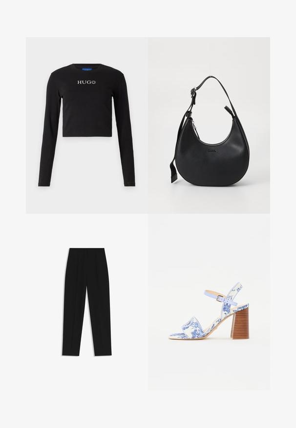 Svart kortärmad tröja i bomull med rund halsringning och en framsida med en vit logotyp som har en leende ansikte som accent.; Svarta byxor med rak passform, med dubbla fickor, en slät yta och en klassisk midje-design. Ingen synlig hårdvara eller detaljer.; Blå blommönstrad sandalett med fyrkantig tå, bred rem och justerbar vristrem, med en texturerad träklack.; Svart läderaxelväska med en rundad form, dragkedjestängning och justerbar rem. Har ett präglat varumärkeslogo på framsidan.