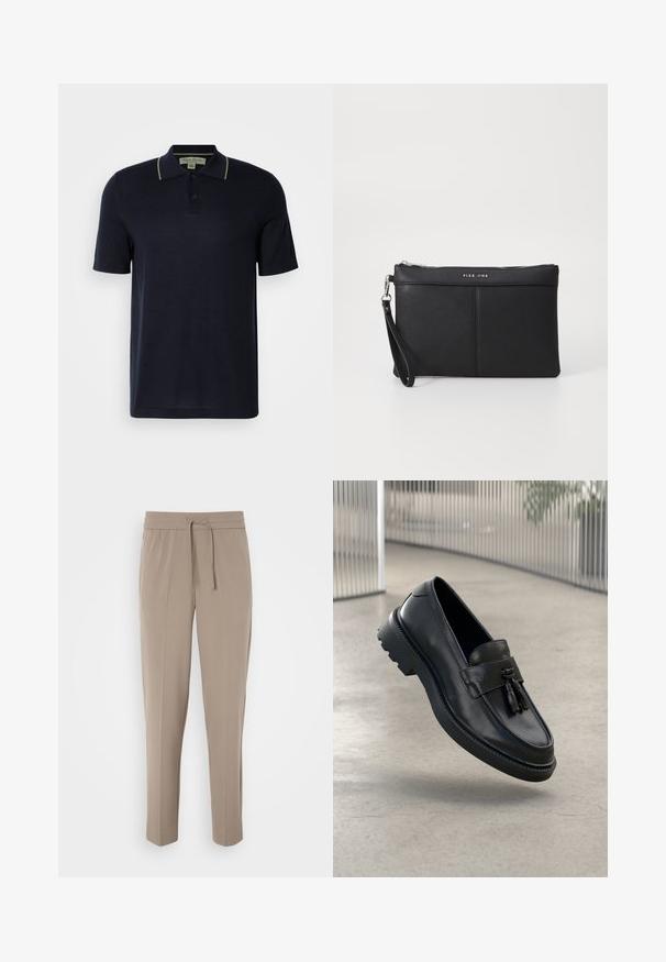 Tengerészkék, rövid ujjú póló ing, két gombbal és finom bézs díszítéssel a galléron, egyszerű világos háttéren bemutatva.; Világos bézs nadrág, rugalmas derékkal, állítható húzózsinórral és tapered lábakkal. Az anyag simának tűnik, enyhe fénylással.; Fekete bőrből készült mokaszinok sima felülettel, díszes bojttal, vastag gumitalppal és varrott részletekkel. Könnyű és elegáns kialakítás.; Fekete szintetikus pénztárca cipzárral, csuklópánttal és sima felülettel. Finom varrás és a logó dombornyomott a fronton.