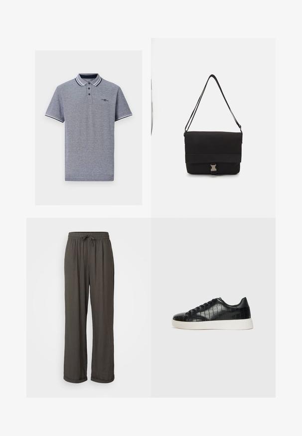 Grå polo shirt med kontrasterende navy- og hvidstribede krave, tre-knaps placket og diskret logo-detail på brystet.; Mørkegrå vide bukser med snøre i livet, lavet af et blødt, struktureret stof, med oprullede manchetter ved anklerne.; Sorte sneakers med en struktureret krokodillepræget læderoverdel, rund tå og en kontrasterende hvid gummisål med en glat finish.; Sort messenger taske lavet af glat materiale, med en fold-over klap, sølvfarvet lukning og et justerbart skulderrem.