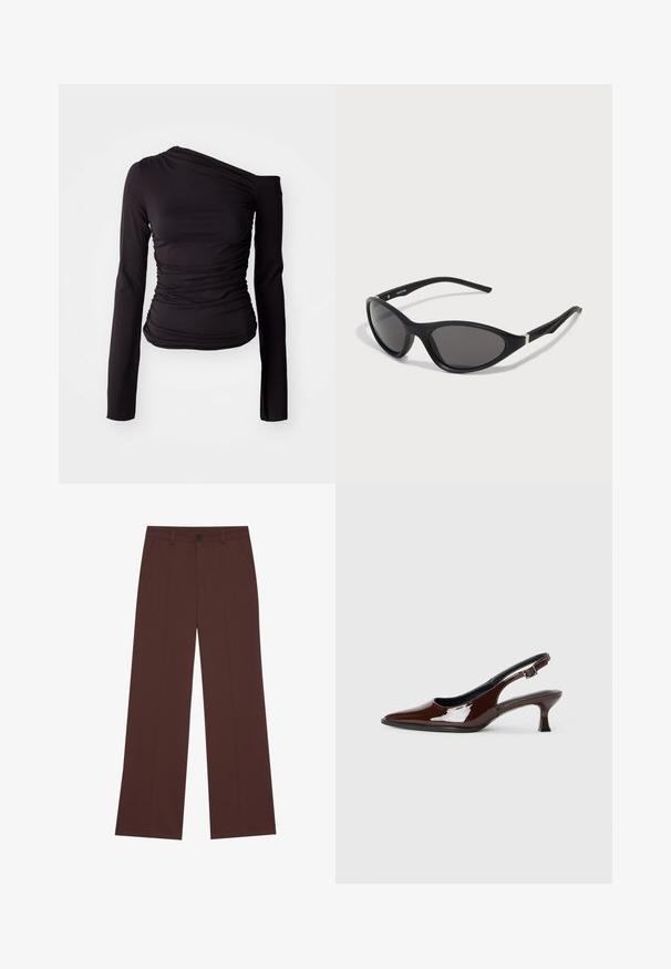 Weekday DRAPE ASYMMETRIC - Maglietta a manica lunga - brown; Pantaloni a gamba larga in un ricco tessuto marrone. Presentano una chiusura a bottone, due tasche frontali, una texture liscia e linee pulite.; Scarpa slingback in pelle verniciata marrone con punta affusolata e tacco moderato. Presenta una fascia con fibbia per una calzata sicura. Tessuto liscio.; Occhiali da sole cat-eye neri con montatura opaca e slanciata, lenti scure e accenti argentati sulle aste. Design moderno con una forma affilata.
