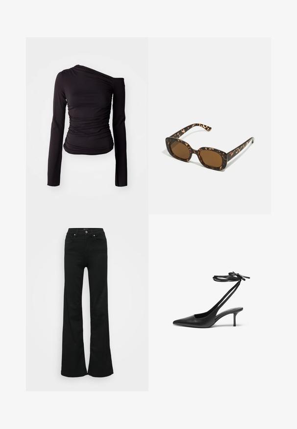 Weekday DRAPE ASYMMETRIC - Långärmad tröja - brown; Svarta utsvängda jeans i denim, med hög midja, fem fickor och metallknappstängning. Slät textur med minimal detaljering.; Svart lädersandalett med spetsig tå, öppen baksida och ankelremmar som är knutna i en rosett. Smal 3-tums klack. Slät textur, minimalistisk design.; Sköldpaddsmönstrade solglasögon med en rund, kraftig ram och bruna linser. Har subtila mönster och raka, avsmalnande skalmar.; Svart läder crossbody-väska med en slät yta, rektangulär form och metallickedjedetalj på framsidan. Justerbar rem ingår.