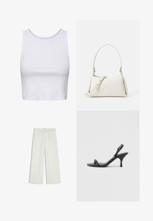 Crop top bianco realizzato in tessuto a costine, con scollatura rotonda e design senza maniche, caratterizzato da una silhouette aderente. Nessun motivo o dettaglio decorativo.; Pantaloni a gamba larga in tessuto crema chiaro, dotati di tasche laterali, frontale liscio e chiusura a un bottone in vita. Texture morbida.; Sandali con tacco alto in pelle nera, con tacco sottile e curvo e design a fascia incrociata. Cinghia alla caviglia regolabile. Texture liscia.; Borsa bianca con texture liscia, silhouette curva e tracolla regolabile. Presenta un sottile motivo con logo e accenti in metallo argentato.