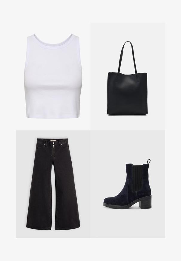 Valge lühike topp, mis on valmistatud ribakangast, ümarate kaelustega ja varrukateta kujundusega, millel on keha lähedane siluett. Ilma mustrite või aktsentideta.; Laiad teksad mustast denimist, millel on lukuga eesmine osa, viie taskuga disain ja peened õmblusdetailid. Sile tekstuur ja juhuslik stiil.; Tumedat siniset nahast sääre pooled saapad elastse külgpaneeliga, ümmarguse ninaga ja blokkninaga. Tekstuuriga kangas ja siledad tallad lisavad kontrasti.; Mustast nahast kott sujuva tekstuuriga, ristkülikukujuline ja kahe pika sangaga. Pole nähtavat riistvara ega kaunistusi.