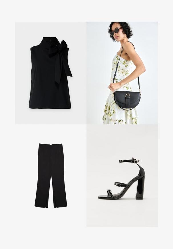 Čierny bezrukávový top s vysokým golierom, so širokou mašľou na ľavej strane. Vyrobený z hladkej, jemnej textílie s čistým lemom.; Čierne nohavice so strihom rovného strihu, s prednými vreckami a bočnými rozparkami na leme. Vyrobené z mäkkej, hladkej tkaniny. Vhodné na rôzne príležitosti.; Čierne lakované sandále na podpätku so štvorcovou špičkou, navlečenými remienkami okolo členku a striebornými prackami. Disponujú masívnym blokovým podpätkom pre stabilitu.; Čierna kožená kabelka s zaobleným tvarom, odnímateľným popruhom a zlatými doplnkami. Kabelka má klopu s detailom s prackou.