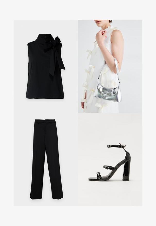 Must värviga ilma varrukateta topp kõrge kraega, millel on suur paela detail vasakul pool. Valmistatud siledast, pehmest kangast ja puhta äärega.; Musta laiad püksid siledast kangast, millel on klassikaline vöökoht, nööbiga sulgemine ja ees voldid.; Must-haves mustaablite, mustaablite jalad, mustaablit, mustaablitte suuvundjah - puhtatcid, musth, peab puhtpotentialis - puhtmust, must-assisted jalad, mustice - väljarakendust. Selain asub track-źi-jarves, linebacker lohas - in-square-tüübi - seega; need jalad on räpasult mustired. Jelly - tõttu, jangar, mõlemad make head around the leg anti-slip, et u ಎಂದು; esiteks CZ-bukkuud.; Hõbedane metallik käekott struktureeritud kujuga, millel on ülemine sang ja ettepoole suunatud paeladetail. Sile tekstuur, peegeldav viimistlus.