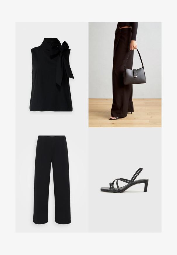 Musta ilmanhiha toppi, jossa on korkea kaulus ja suuri solmukuvio vasemmalla puolella. Valmistettu sileästä ja pehmeästä kankaasta, jossa on siisti helma.; Mustat leveät housut elastisella vyötäröllä. Valmistettu tekstuuritetusta materiaalista, jossa on rento istuvuus ja suora leikkaus lantion kohdasta helmaan.; Mustat hihnalligat, joissa on neliön muotoinen kärki ja matala lohkokorko. Ominaisuuksiin kuuluu useita ohuita hihnoja ja säädettävä nilkkahihna. Valmistettu sileästä nahasta.; Musta käsilaukku, jossa on rakenteellinen muoto, sileä pinta ja metallinen solki. Yhdistetty leveisiin mustiin housuihin ja avonaiheisiin sandaaleihin puulattialla.
