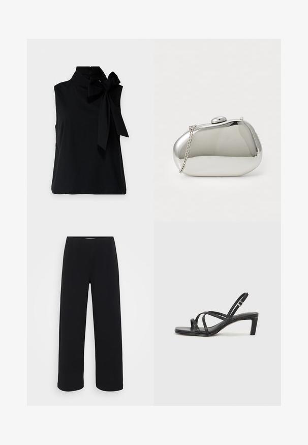 Czarny bezrękawnik z wysokim kołnierzem, z dużą kokardą po lewej stronie. Wykonany z gładkiego, miękkiego materiału z czystym wykończeniem.; Czarne szerokie spodnie z elastycznym pasem. Wykonane z teksturowanego materiału, charakteryzujące się luźnym krojem i prostym fasonem od bioder do dołu.; Czarne sandały na obcasie z prostokątnym noskiem i niskim słupkowym obcasem. Posiadają wiele cienkich pasków i regulowany pasek na kostkę. Wykonane z gładkiej skóry.; Srebrna metalowa kopertówka o zaokrąglonym, gładkim kształcie. Posiada zapięcie na klamrę oraz odpinany łańcuszek. Odblaskowa powierzchnia bez wzorów.