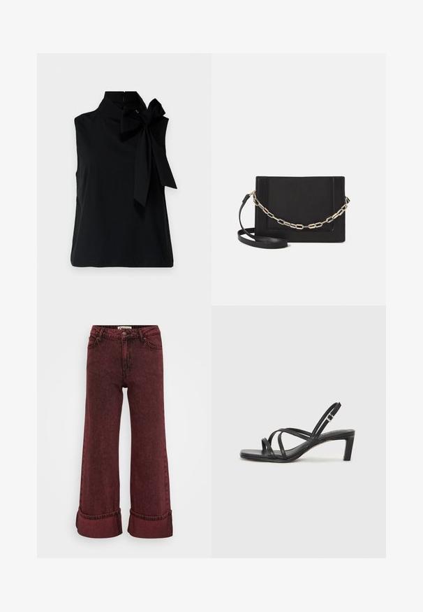 Čierny bezrukávový top s vysokým golierom, so širokou mašľou na ľavej strane. Vyrobený z hladkej, jemnej textílie s čistým lemom.; Bordové džínsy s širokými nohavicami vyrobené z denimu s textúrovaným povrchom, vysoký pás, pútka na opasok a zakončené manžetami. Obsahujú klasický päť-vreckový dizajn.; Čierne sandále na vysokom podpätku so štvorcovou špičkou a nízkym blokovým podpätkom. Obsahujú viacero tenkých popruhov a nastaviteľný členkový popruh. Vyrobené z hladkej kože.; Čierna kožená crossbody taška s hladkou textúrou, obdĺžnikovým tvarom a kovovým reťazovým detailom na prednej strane. Súčasťou je nastaviteľný popruh.