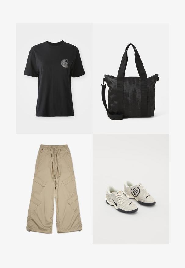 Camiseta de algodón negra con cuello redondo y mangas cortas, que presenta un gráfico texturizado de un diseño en espiral en el área del bolsillo izquierdo del pecho.; Pantalones cargo beige con cintura ajustable, múltiples bolsillos laterales y un corte relajado. Hechos de una tela ligera y suave con detalles de costura.; Zapatillas Nike con un upper texturizado en beige y gris, acentos negros, un gran logo de "90" y un cierre de cordones blancos. Suela negra.; Bolsa tote negra con tejido texturizado, asas superiores dobles y una correa de hombro desmontable. Cuenta con un cierre con cremallera para un almacenamiento seguro.