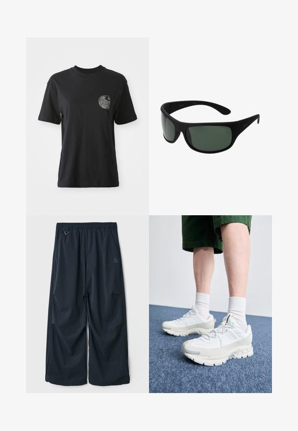 Fekete pamut póló kerek nyakkivágással és rövid ujjakkal, a bal mellel szembeni zseb területén egy texturált spirális mintával.; Sötétkék, bő szárú nadrág, rugalmas derékkal, két oldalzsebbe és egy kis háromszög alakú logóra a bal oldalon. Simás szerkezet.; Fehér sportcipők texturált burkolattal, vastag talppal és szürke részletekkel. Fehér sportzoknival és zöld rövidnadrággal viselve, kék felületen.; Fekete, körbejáró napszemüveg sötétzöld lencsékkel. Matt felület, ívelt forma, egyenes szárakkal és diszkrét logóval az oldalon.